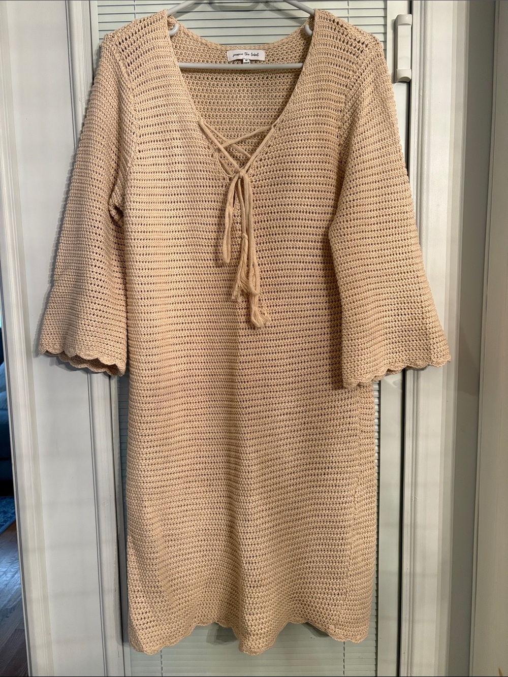 Size M Midi Crochet Lace-Up Tunic Dress in Beige - Can Be Used As Beach Cover Up